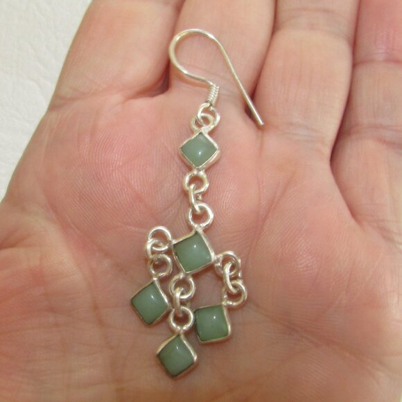 Silver Green Onyx Stone Dangle Earrings - Picture 2 of 3